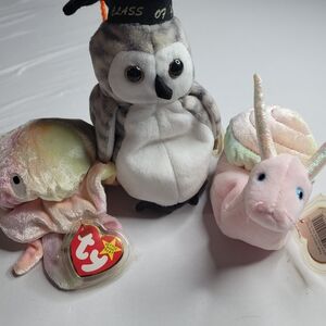 Ty Plush Owl and Snail Set - Gray and Pink